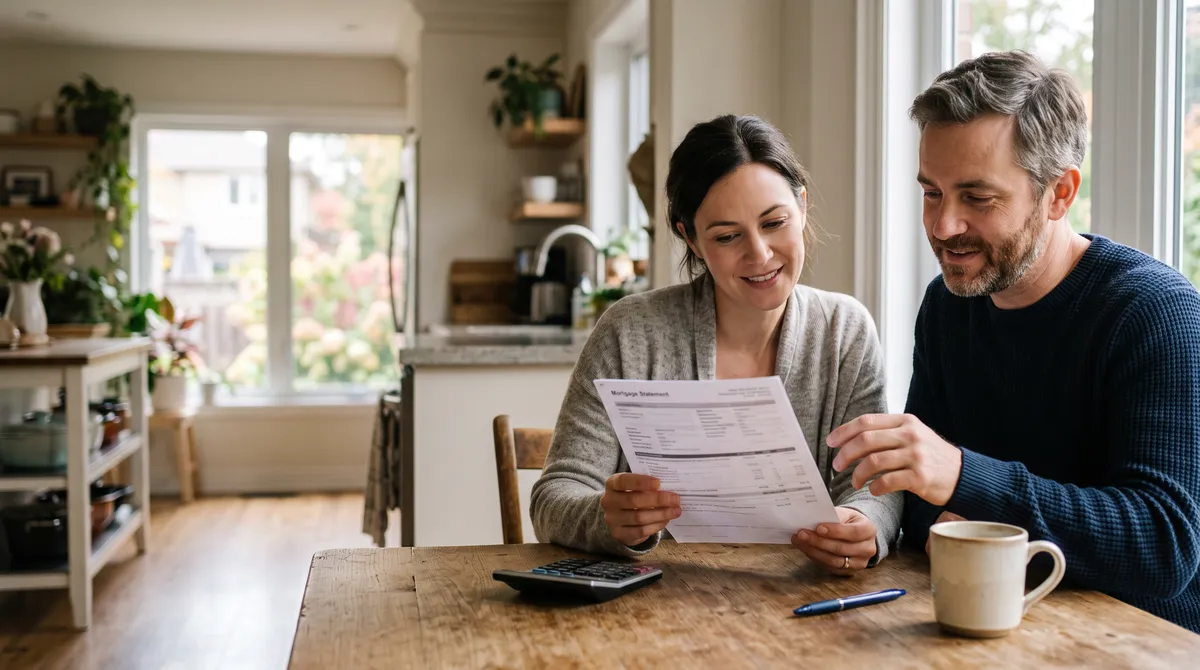 Ontario couple reviewing a mortgage statement and calculator at their kitchen table before breaking their mortgage